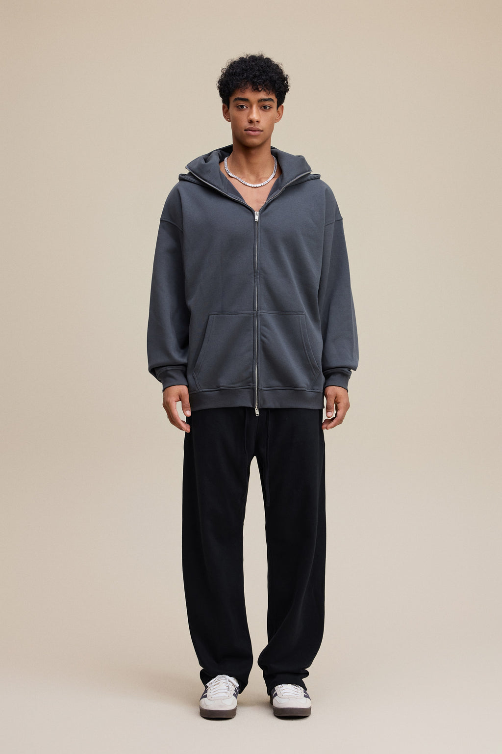 340GSM Men’s Trendy Fleece Zip-Up Windproof Face-Mask Hoodie Dark Grey