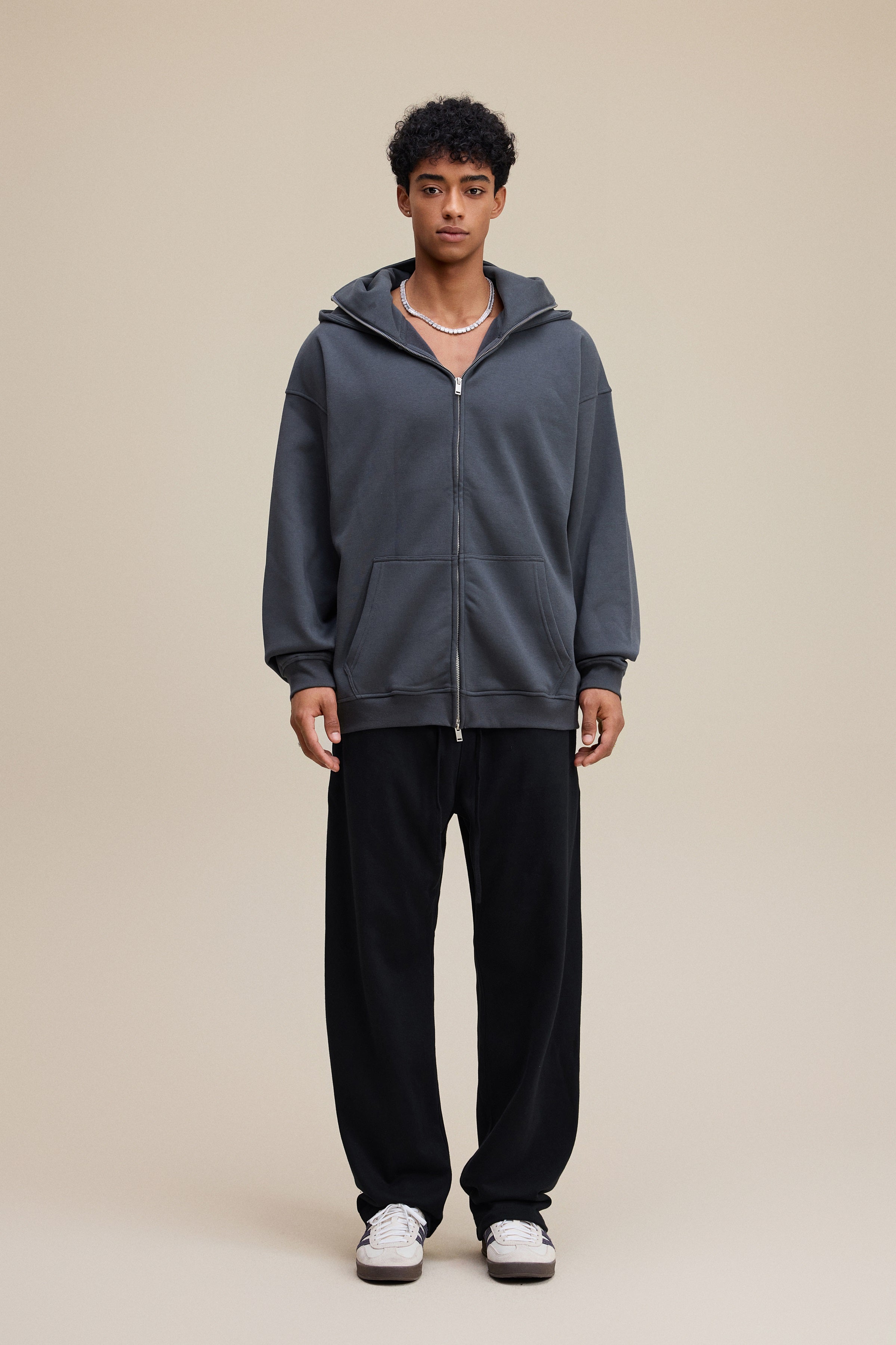 340GSM Men’s Trendy Fleece Zip-Up Windproof Face-Mask Hoodie Dark Grey