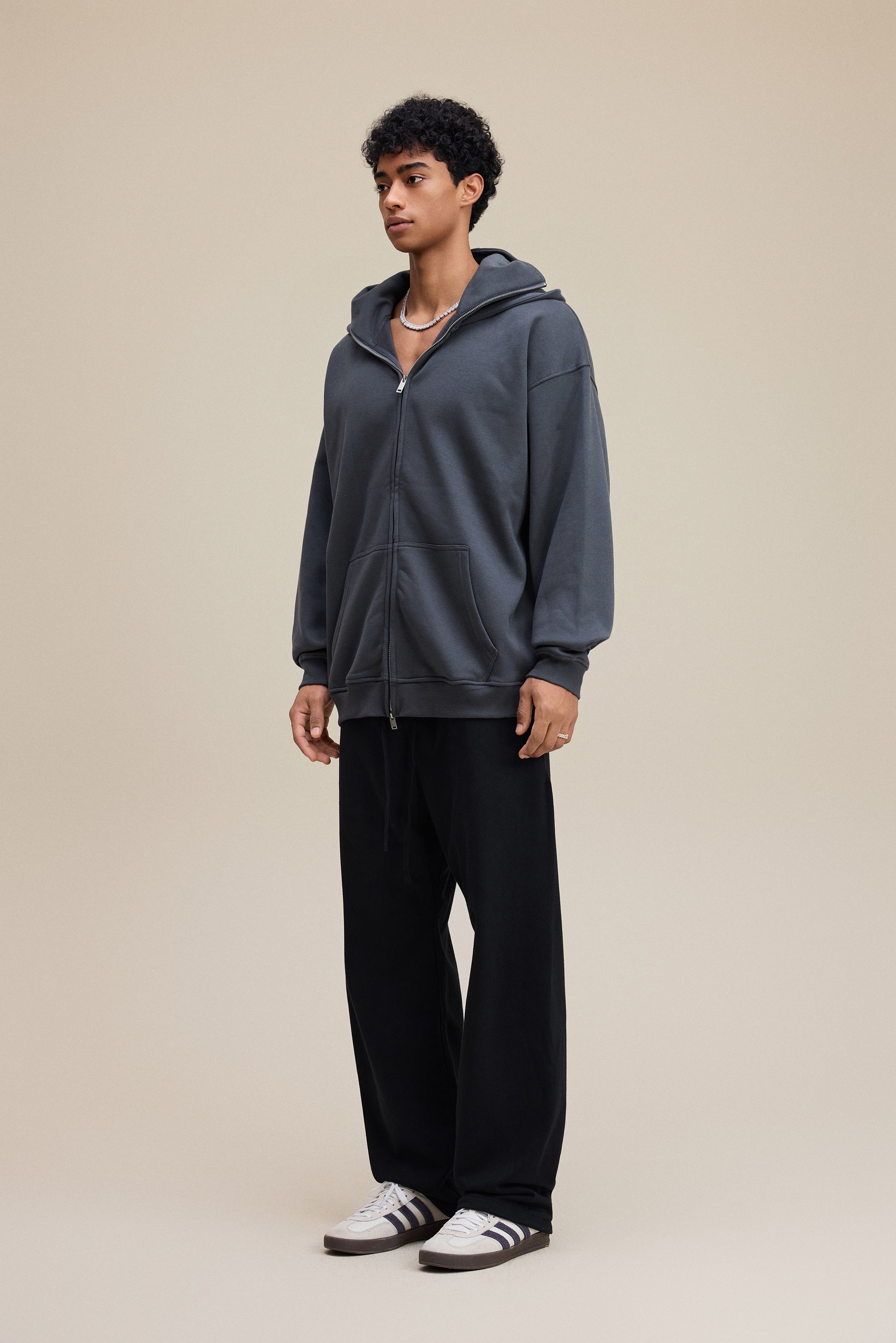 340GSM Men’s Trendy Fleece Zip-Up Windproof Face-Mask Hoodie Dark Grey