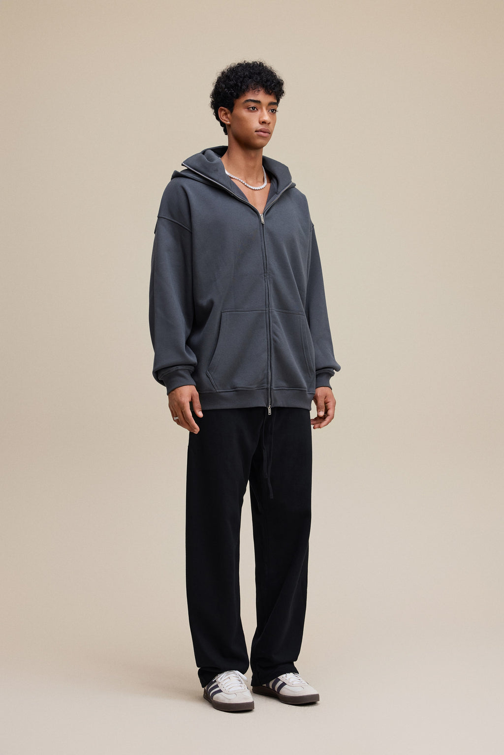 340GSM Men’s Trendy Fleece Zip-Up Windproof Face-Mask Hoodie Dark Grey