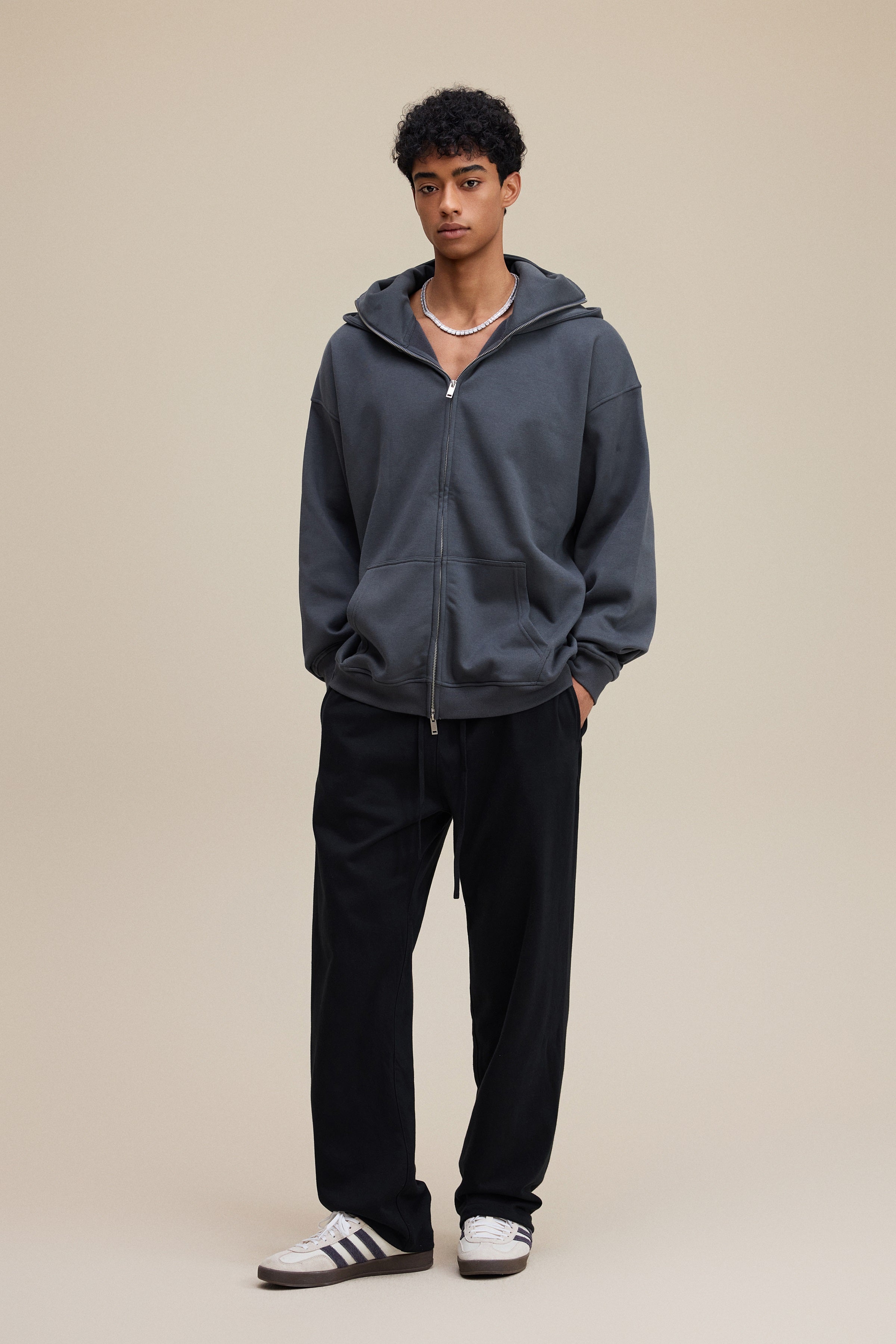 340GSM Men’s Trendy Fleece Zip-Up Windproof Face-Mask Hoodie Dark Grey