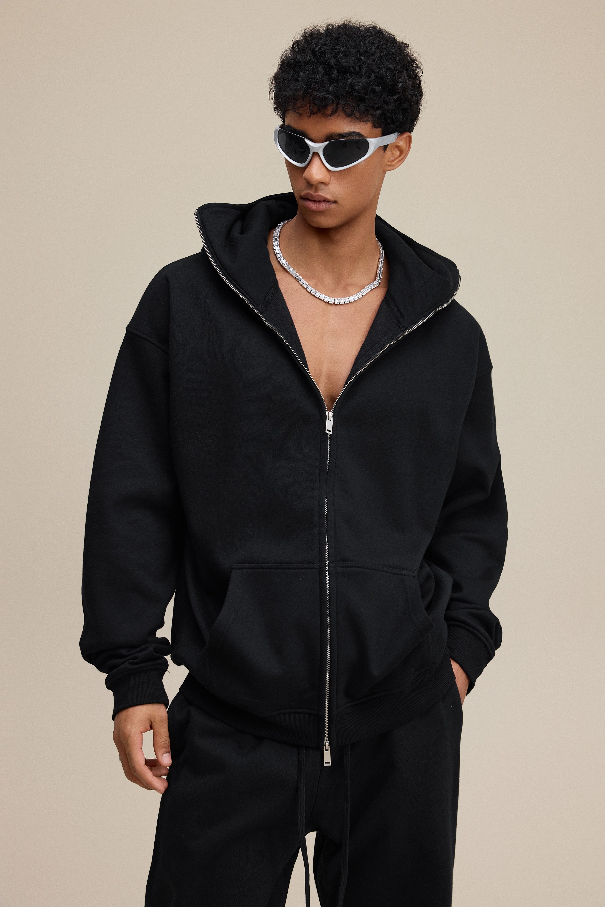 340GSM Men’s Trendy Fleece Zip-Up Windproof Face-Mask Hoodie Black