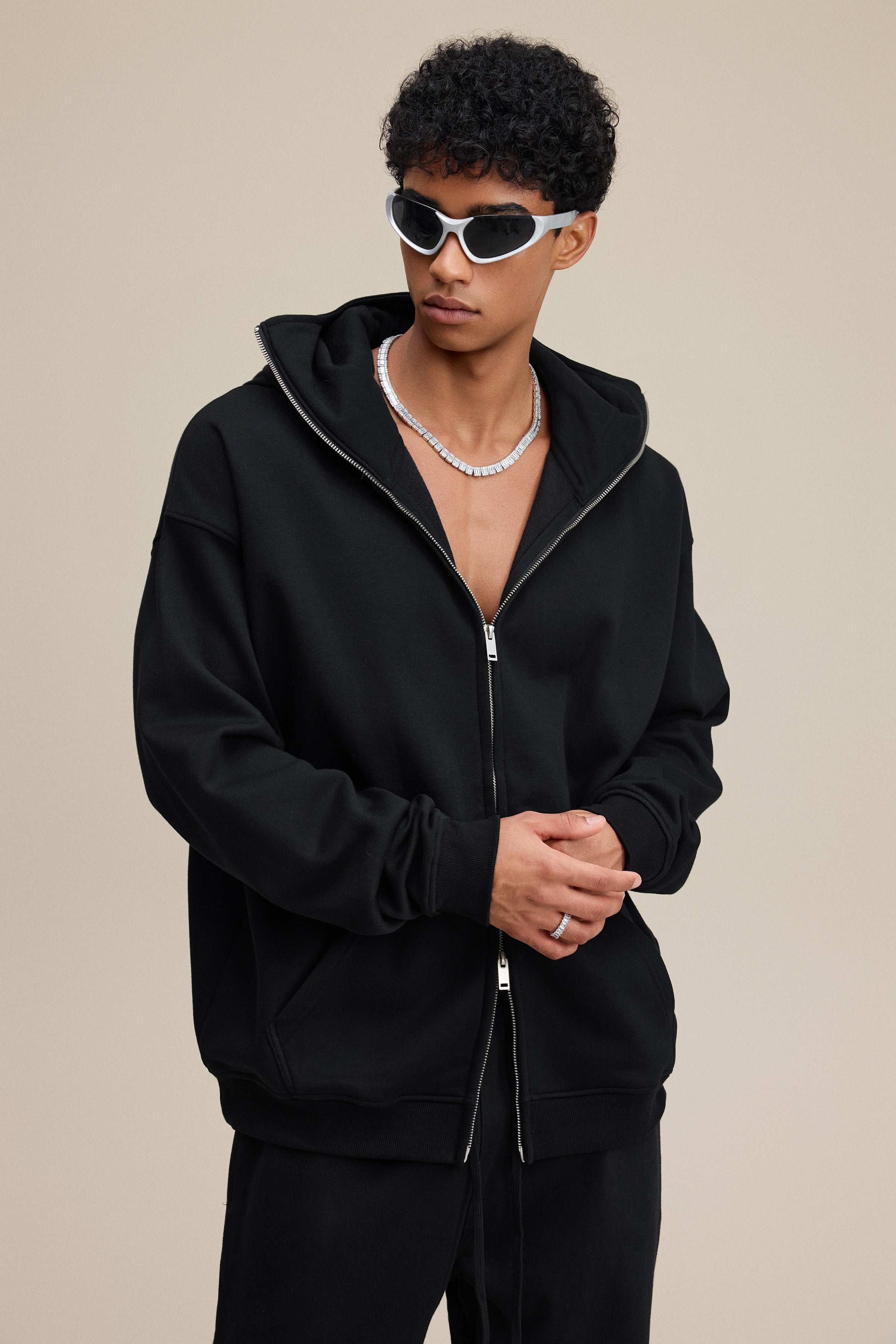 340GSM Men’s Trendy Fleece Zip-Up Windproof Face-Mask Hoodie Black