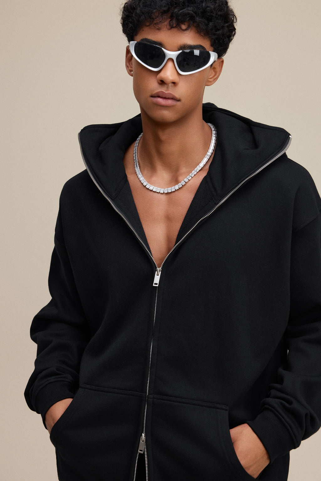 340GSM Men’s Trendy Fleece Zip-Up Windproof Face-Mask Hoodie Black