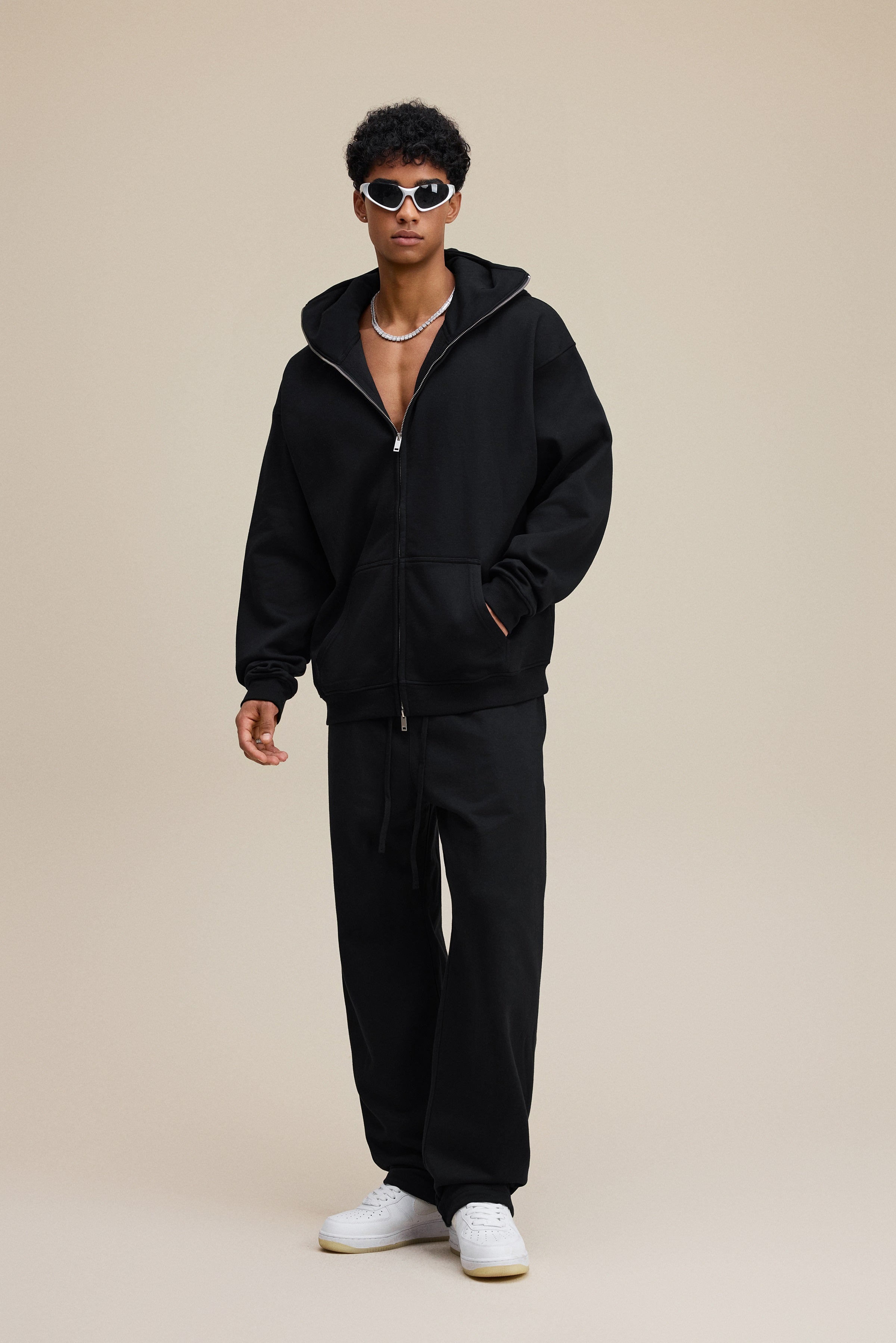 340GSM Men’s Trendy Fleece Zip-Up Windproof Face-Mask Hoodie Black