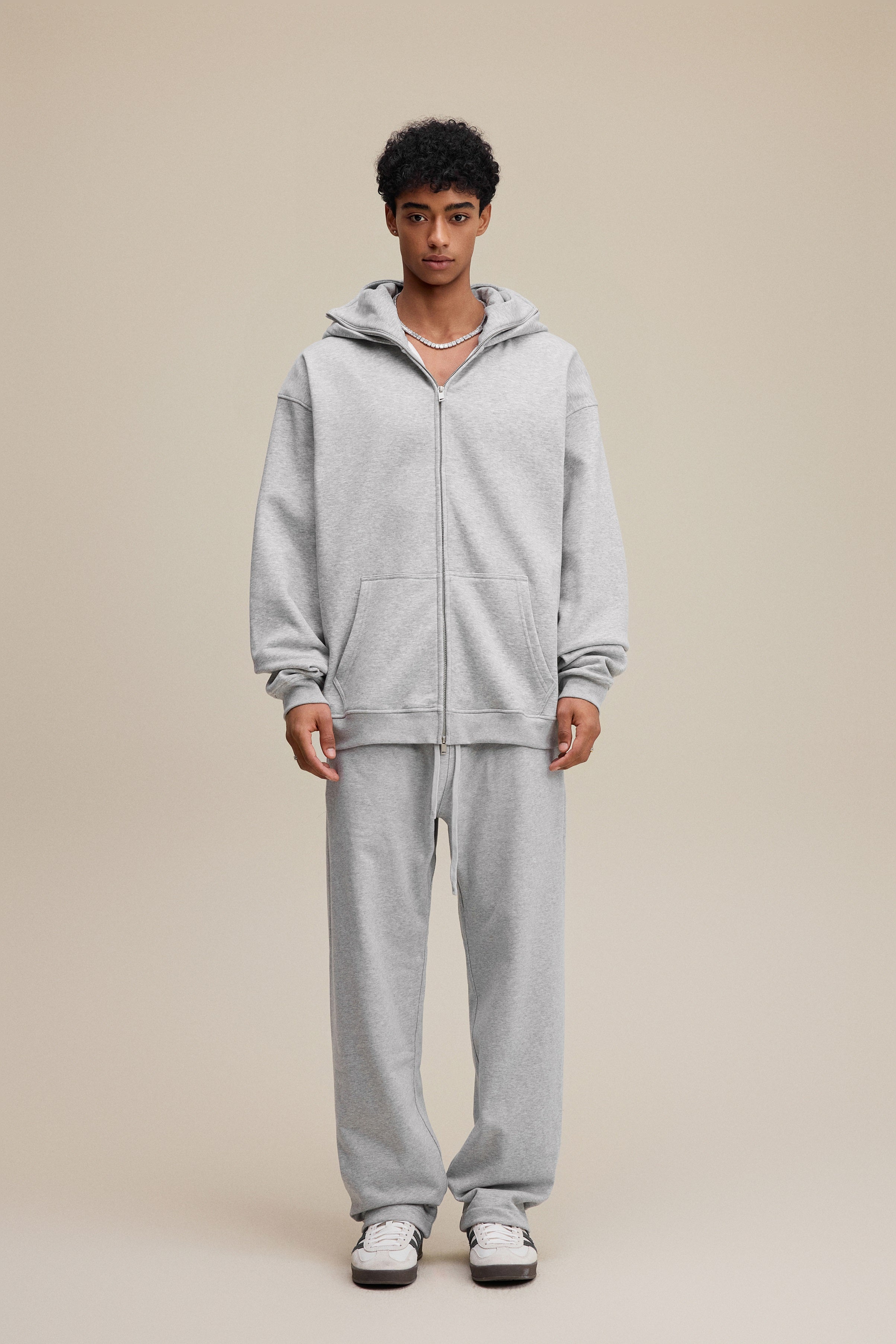 340GSM Men’s Trendy Fleece Zip-Up Windproof Face-Mask Hoodie Heathered Grey