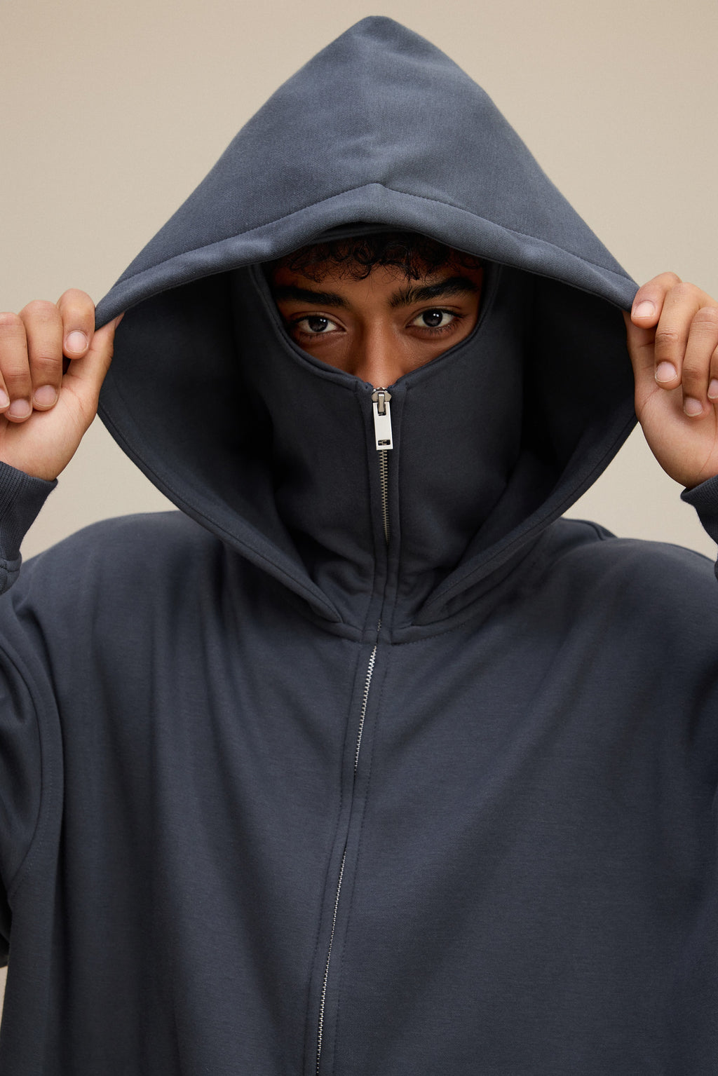 340GSM Men’s Trendy Fleece Zip-Up Windproof Face-Mask Hoodie Dark Grey