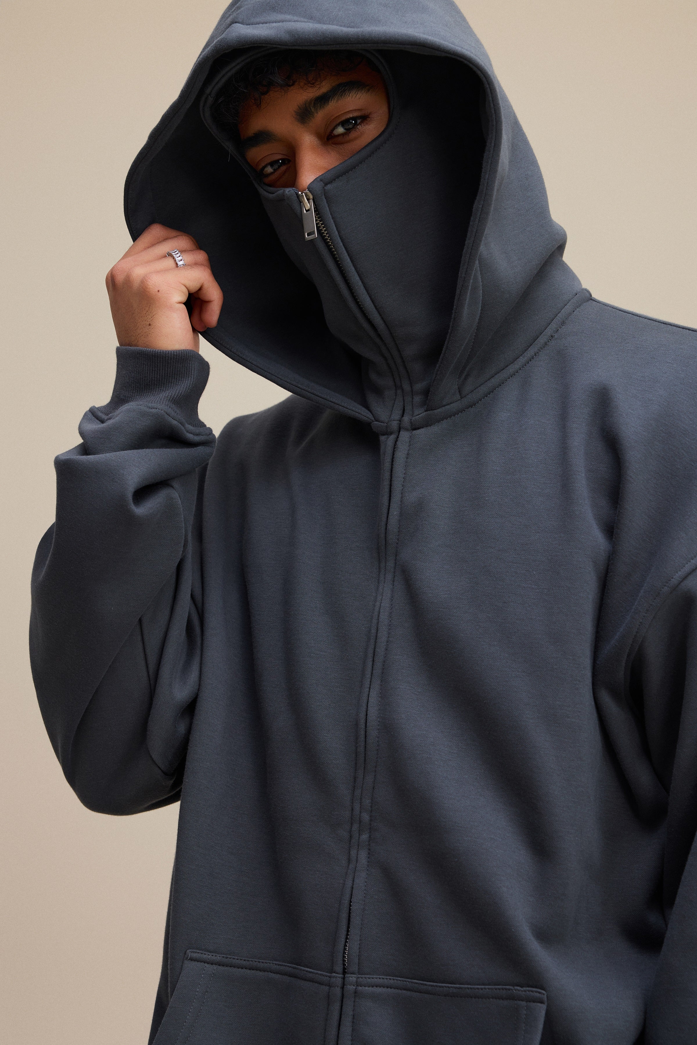 340GSM Men’s Trendy Fleece Zip-Up Windproof Face-Mask Hoodie Dark Grey