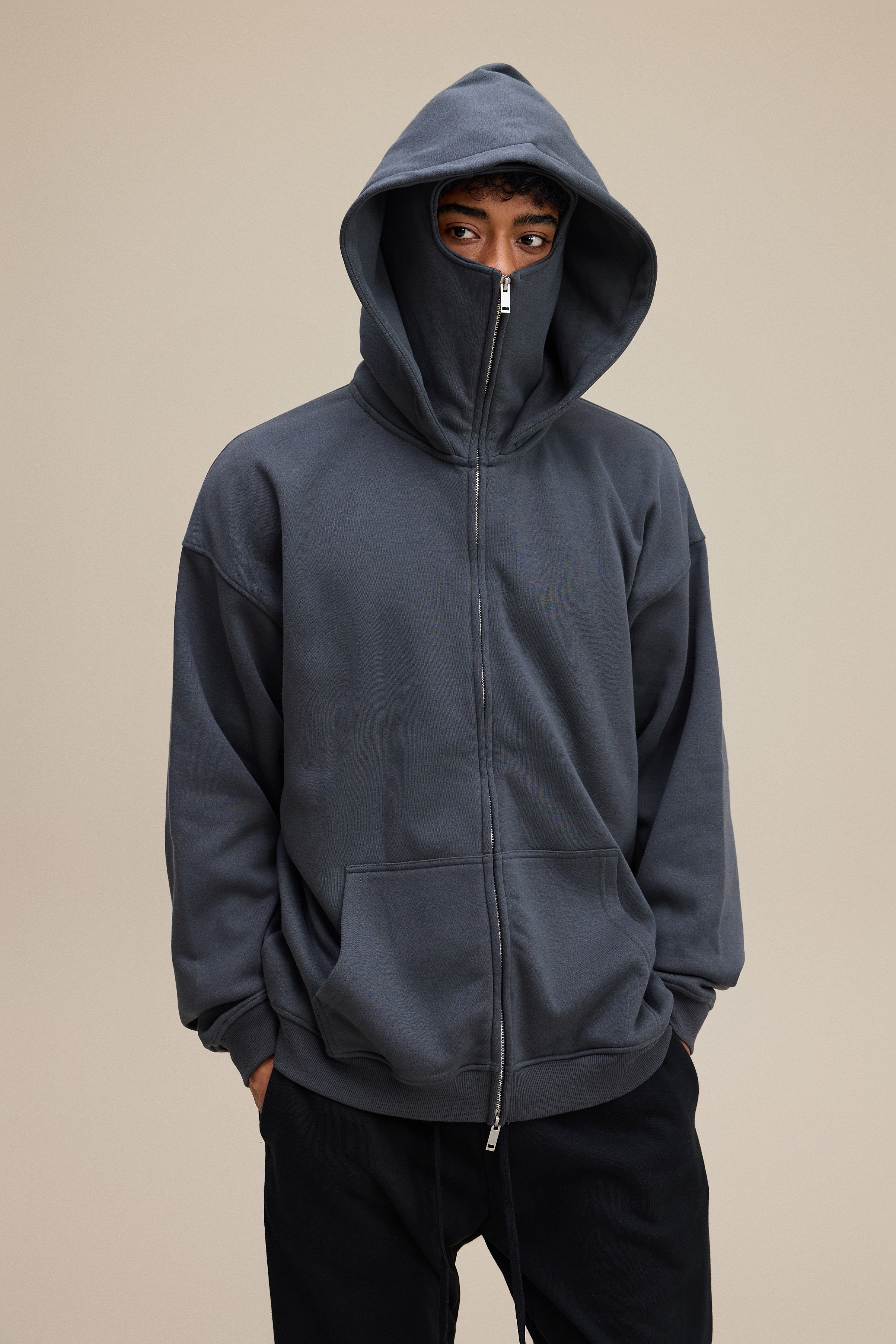 340GSM Men’s Trendy Fleece Zip-Up Windproof Face-Mask Hoodie Dark Grey