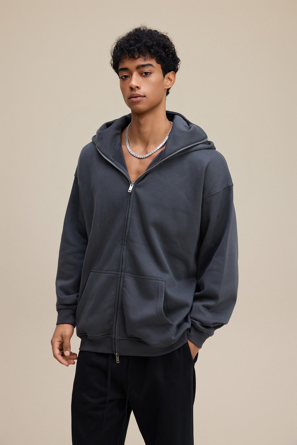 340GSM Men’s Trendy Fleece Zip-Up Windproof Face-Mask Hoodie Dark Grey