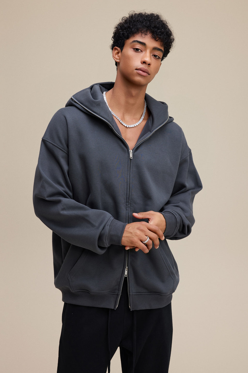 340GSM Men’s Trendy Fleece Zip-Up Windproof Face-Mask Hoodie Dark Grey