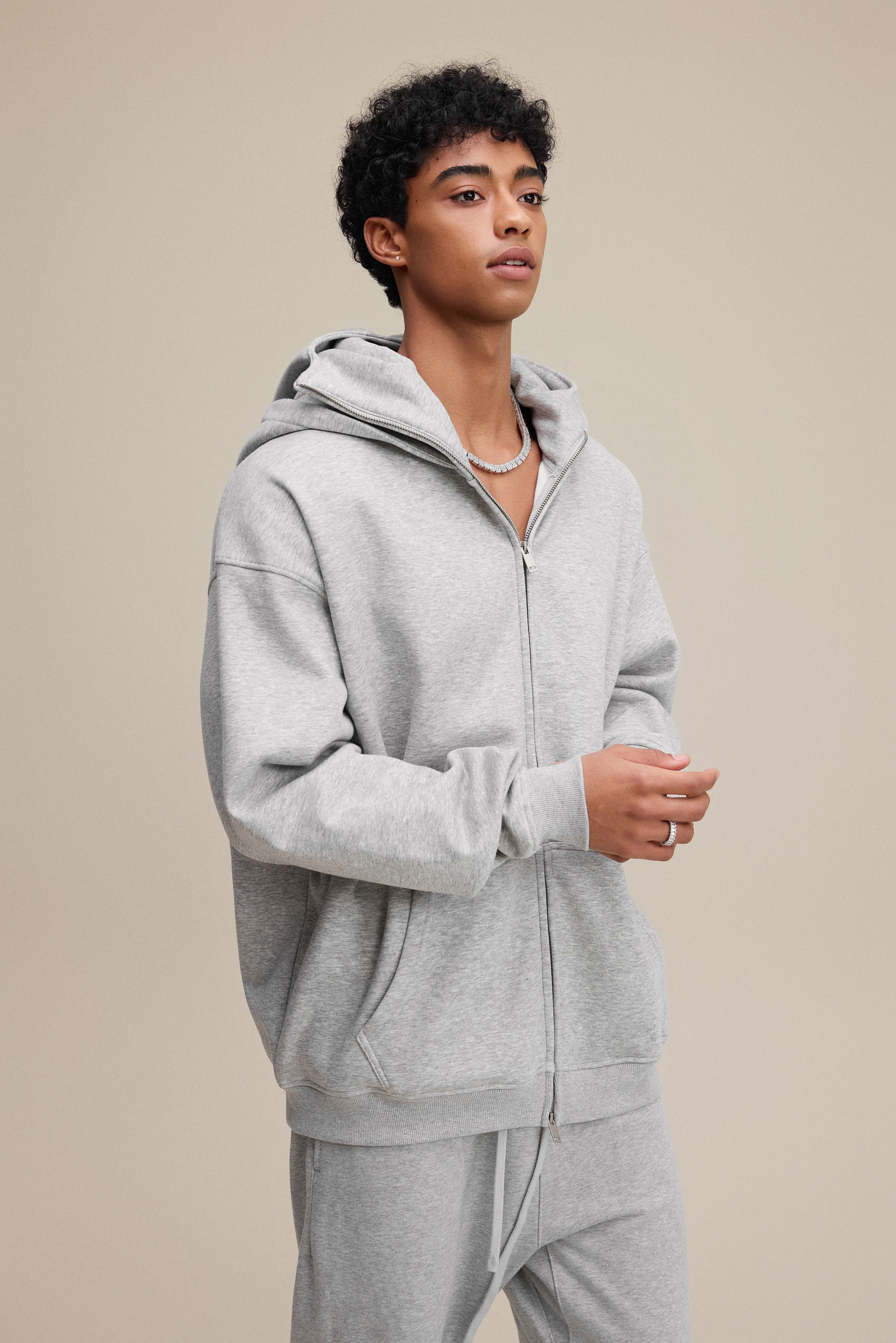 340GSM Men’s Trendy Fleece Zip-Up Windproof Face-Mask Hoodie Heathered Grey