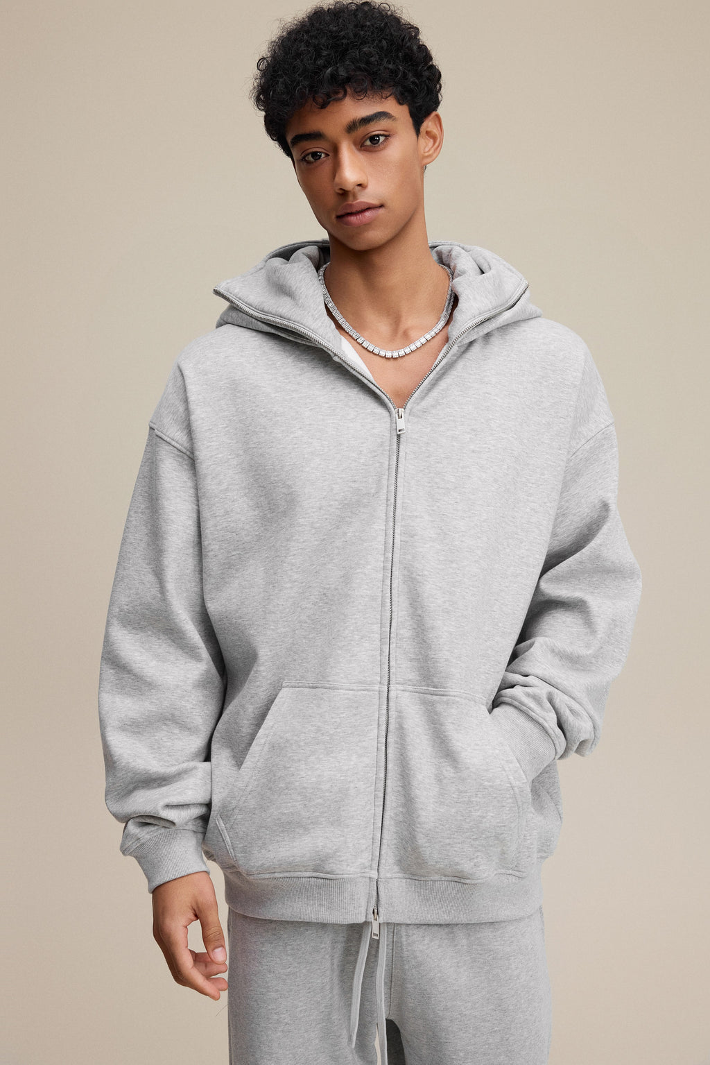 340GSM Men’s Trendy Fleece Zip-Up Windproof Face-Mask Hoodie Heathered Grey