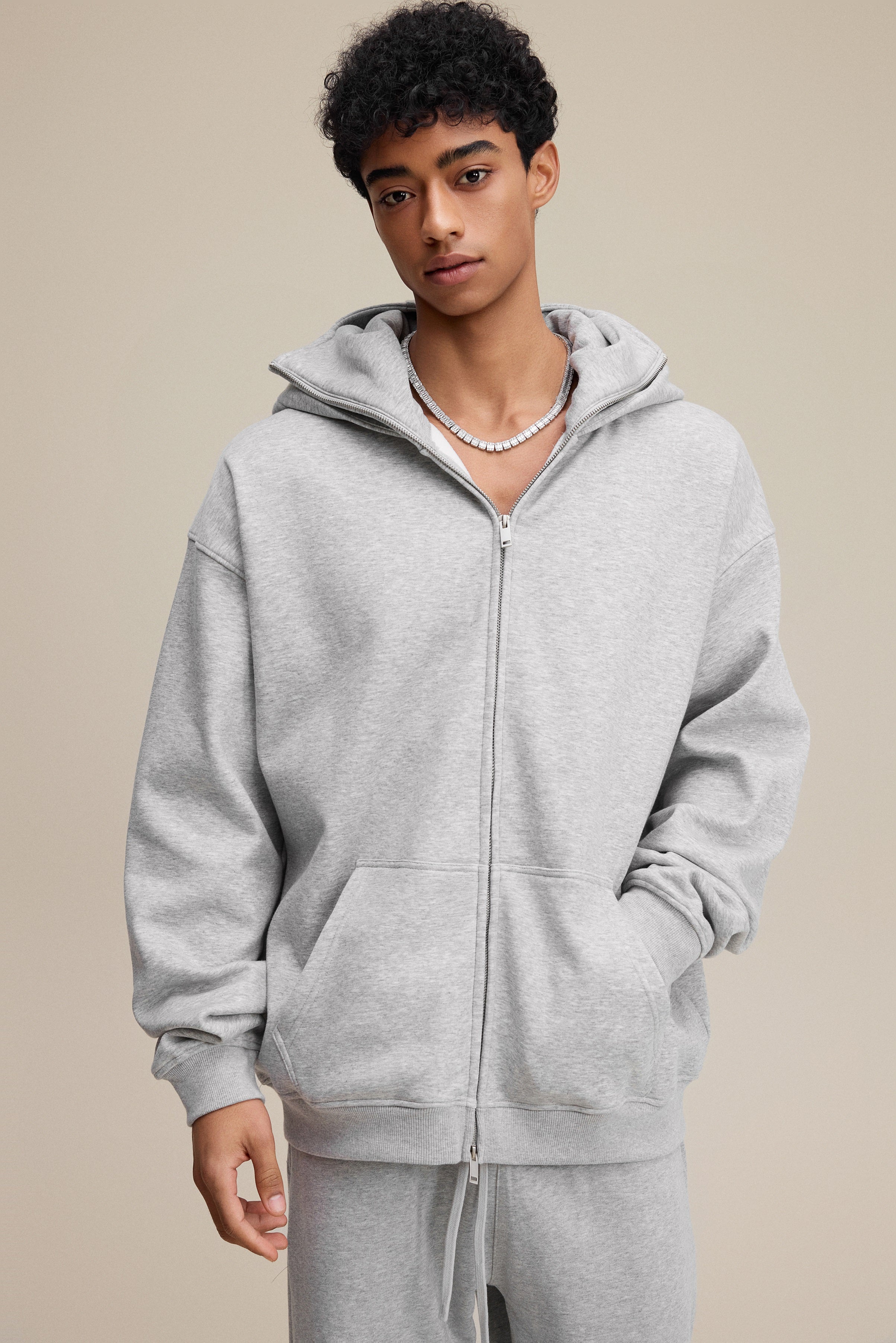 340GSM Men’s Trendy Fleece Zip-Up Windproof Face-Mask Hoodie Heathered Grey