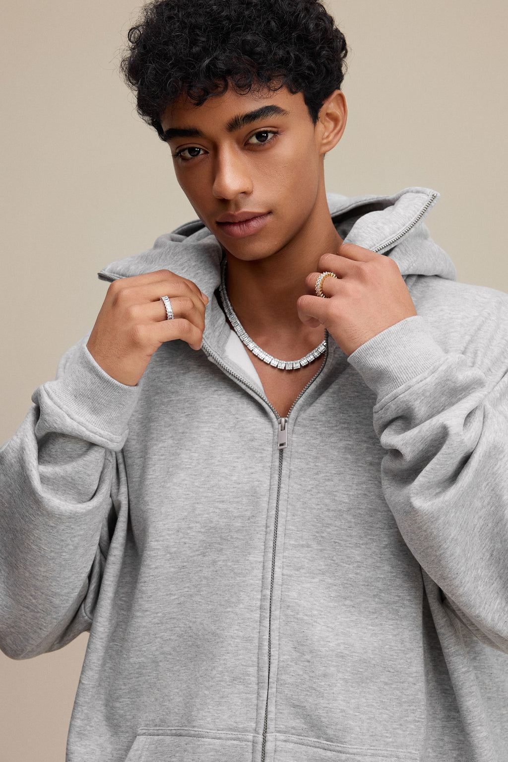 340GSM Men’s Trendy Fleece Zip-Up Windproof Face-Mask Hoodie Heathered Grey