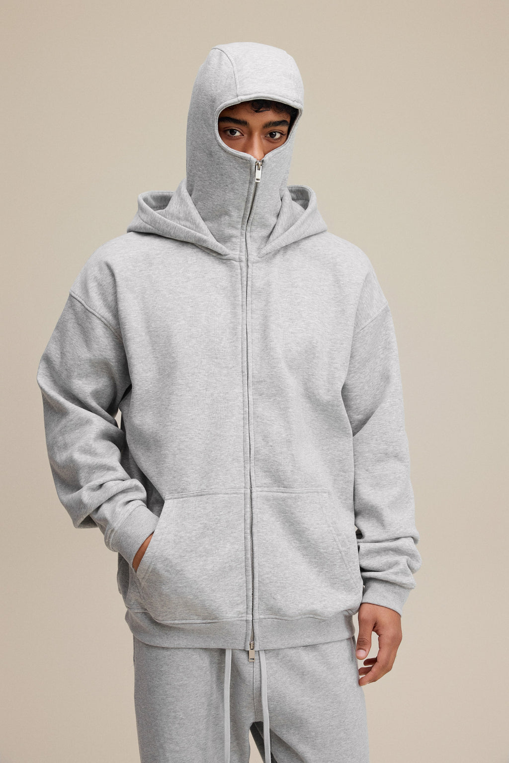 340GSM Men’s Trendy Fleece Zip-Up Windproof Face-Mask Hoodie Heathered Grey