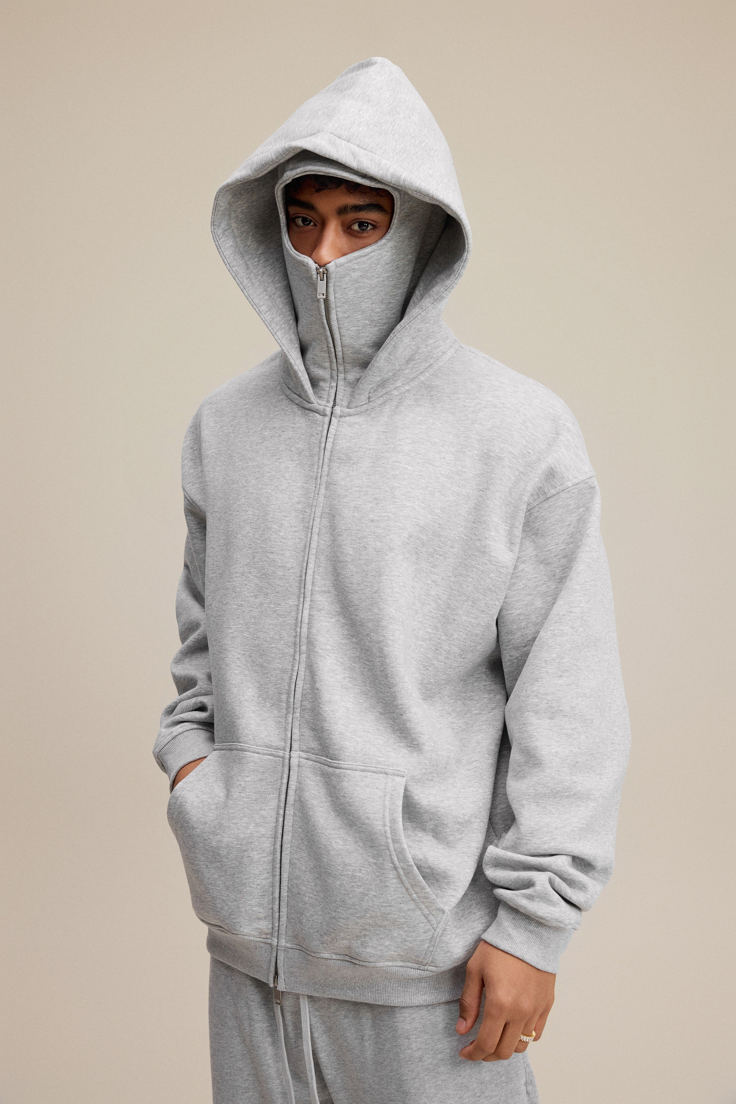 340GSM Men’s Trendy Fleece Zip-Up Windproof Face-Mask Hoodie Heathered Grey