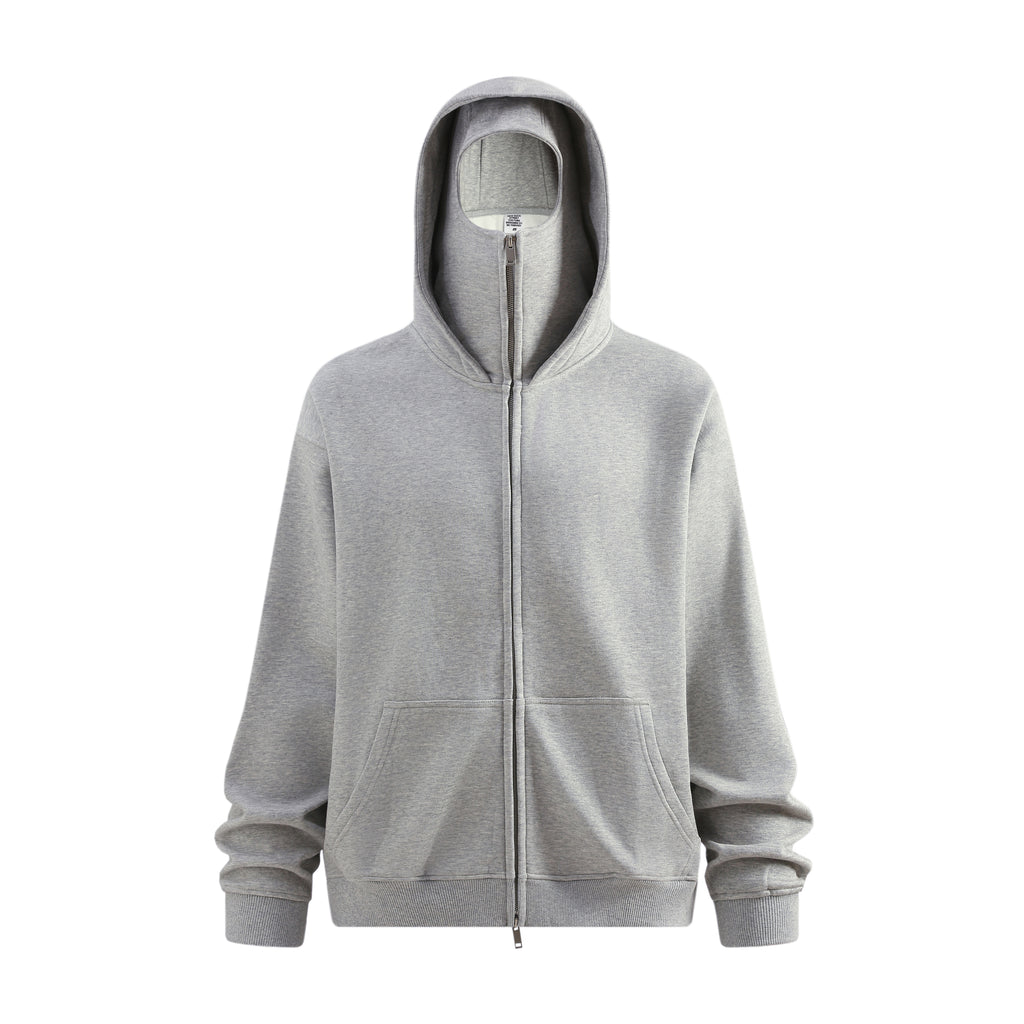 340GSM Men’s Trendy Fleece Zip-Up Windproof Face-Mask Hoodie Heathered Grey